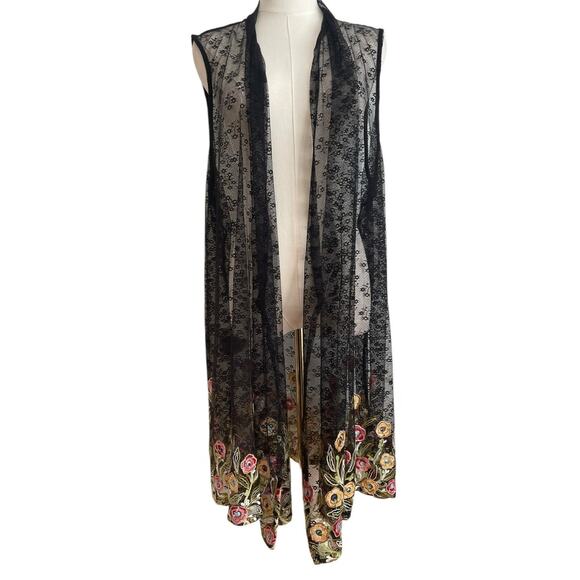 Susan Graver XL Mesh Open Knit Cardigan Foral Embroidered Cottage Dark Romantic - Picture 2 of 11